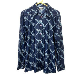 Vintage Campus Knit Shirt Lightweight Slick Floral Disco Button Up Blue Mens Lg